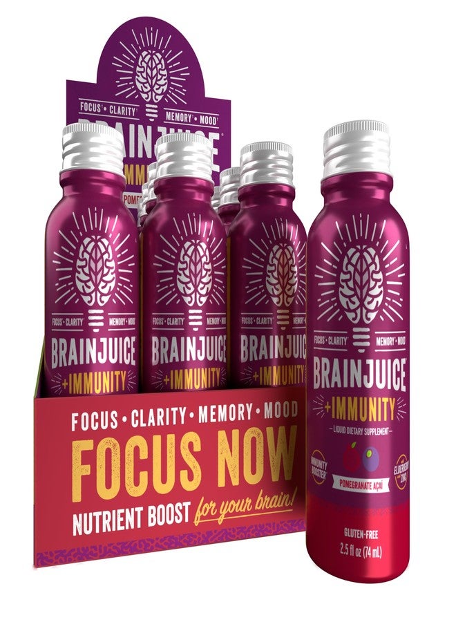 BrainJuice Brain and Immune Support Shot, Gluten Free Supplement Shots for Energy, Focus, Immunity with Vitamin D, C B, Alpha GPC & Organic Ginger Root, Pomegranate Acai, 2.5 fl oz, 12 Pack - Image 1